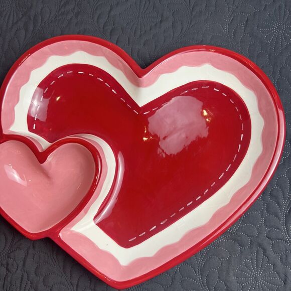 Valentine Red & Pink Large Double Hearts Ceramic Chip 'n Dip Tray Bowl 14" 2006 - Picture 4 of 7
